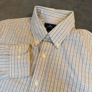 Dockers Plaid Button Down Shirt Tan Blue Mens Large 16-16.5 Stain Defender L/S